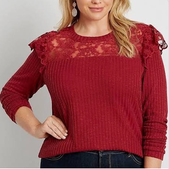 Plus Sz 4X Cranberry Lace Flutter Long Sleeves - Picture 1 of 8
